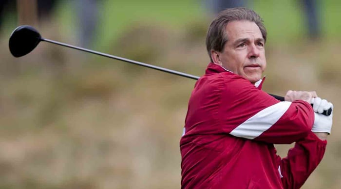 Alabama coach Nick Saban plays from the tee at the 2012 AT&T Pebble Beach Pro-Am at the Pebble Beach Golf Links in Pebble Beach, Calif.